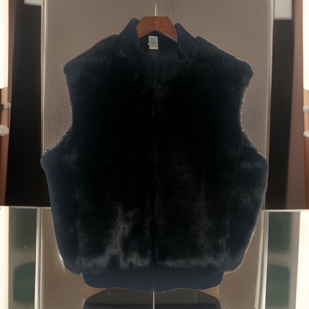 Vintage Old Navy Black Faux Fur Full Zip Vest Lined Metal Rocker Mob Boss XL